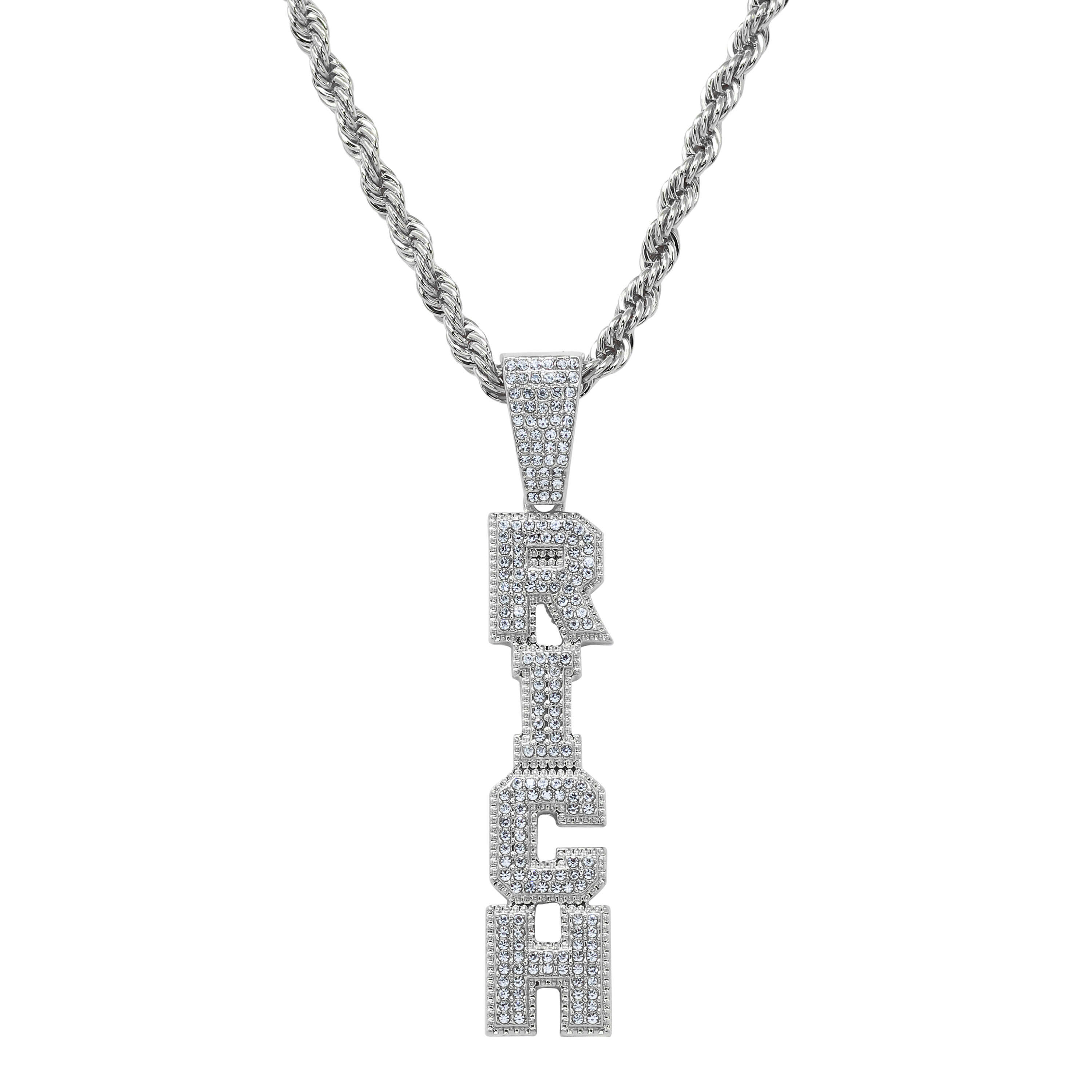 Iced out Vertical Rich Pendant in silver with pavé CZ letters on rope chain hip hop necklace.