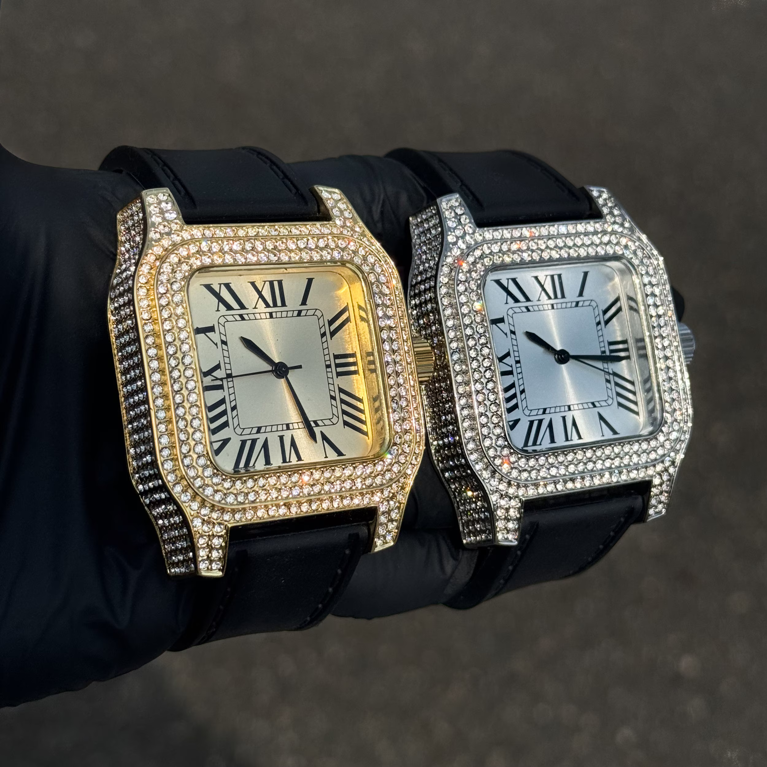 Men's 45mm Square Diamond Watch with Silicone Band - Fully Iced Out Case with Roman Dial - Quartz Movement