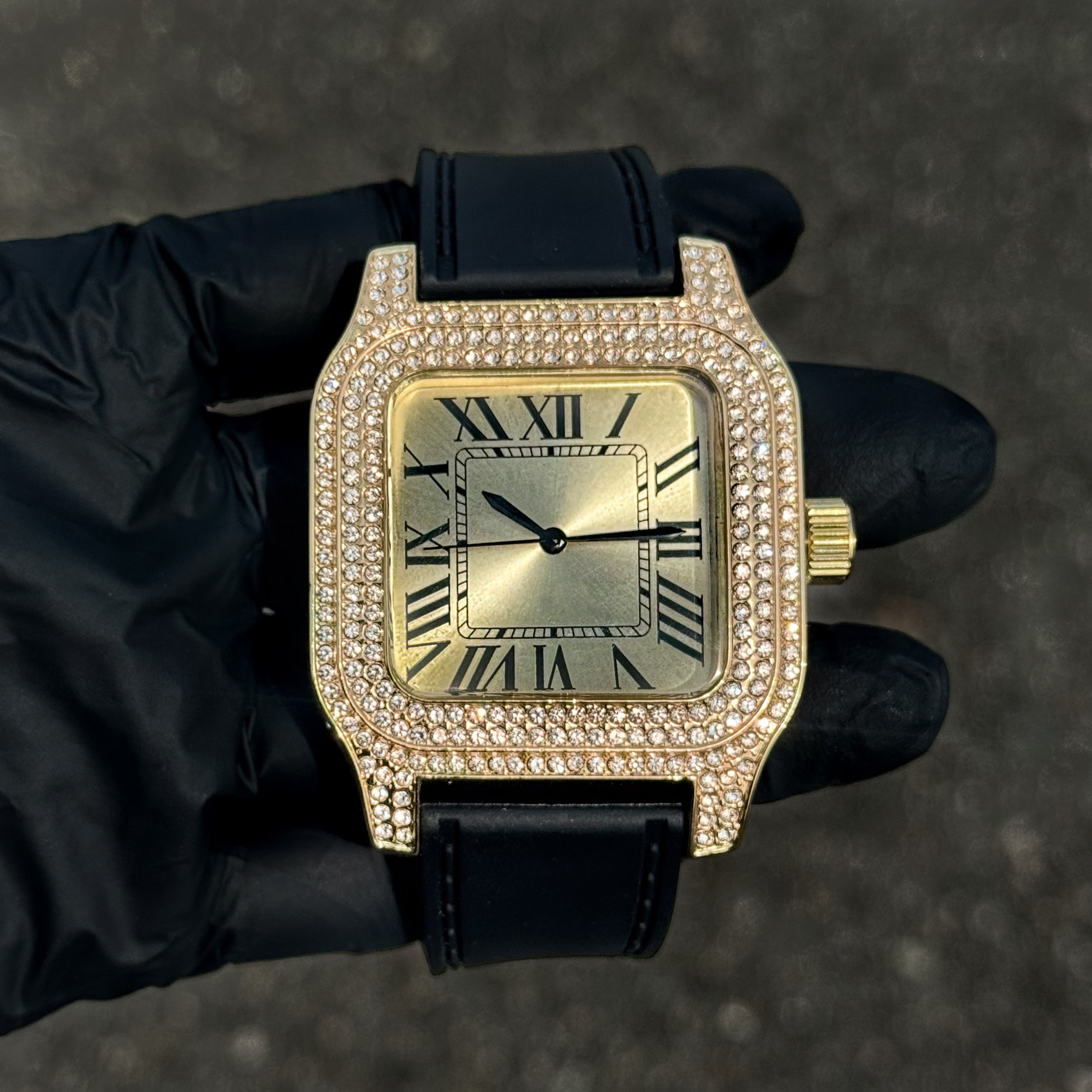 Men's 45mm Square Diamond Watch with Silicone Band - Fully Iced Out Case with Roman Dial - Quartz Movement