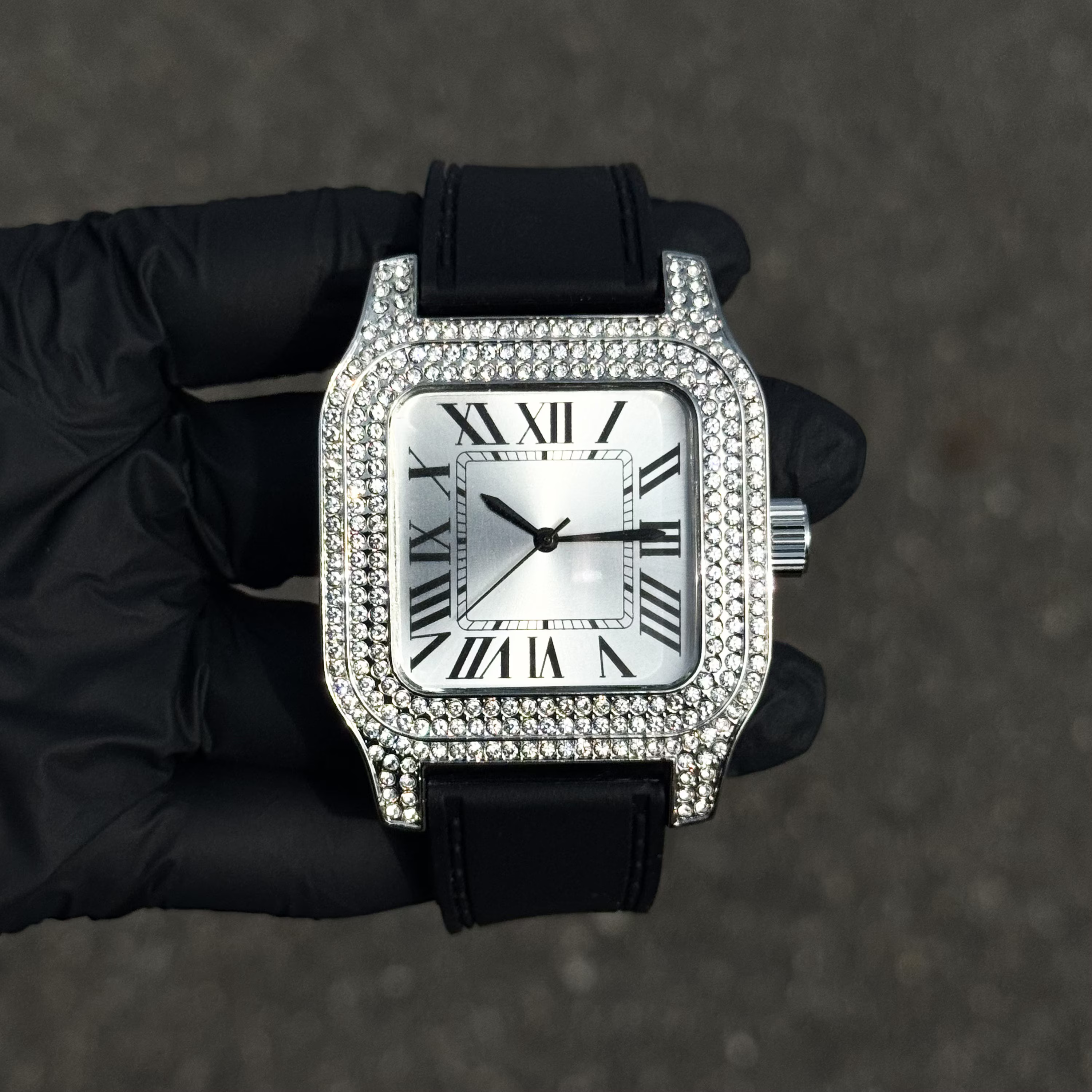 Men's 45mm Square Diamond Watch with Silicone Band - Fully Iced Out Case with Roman Dial - Quartz Movement