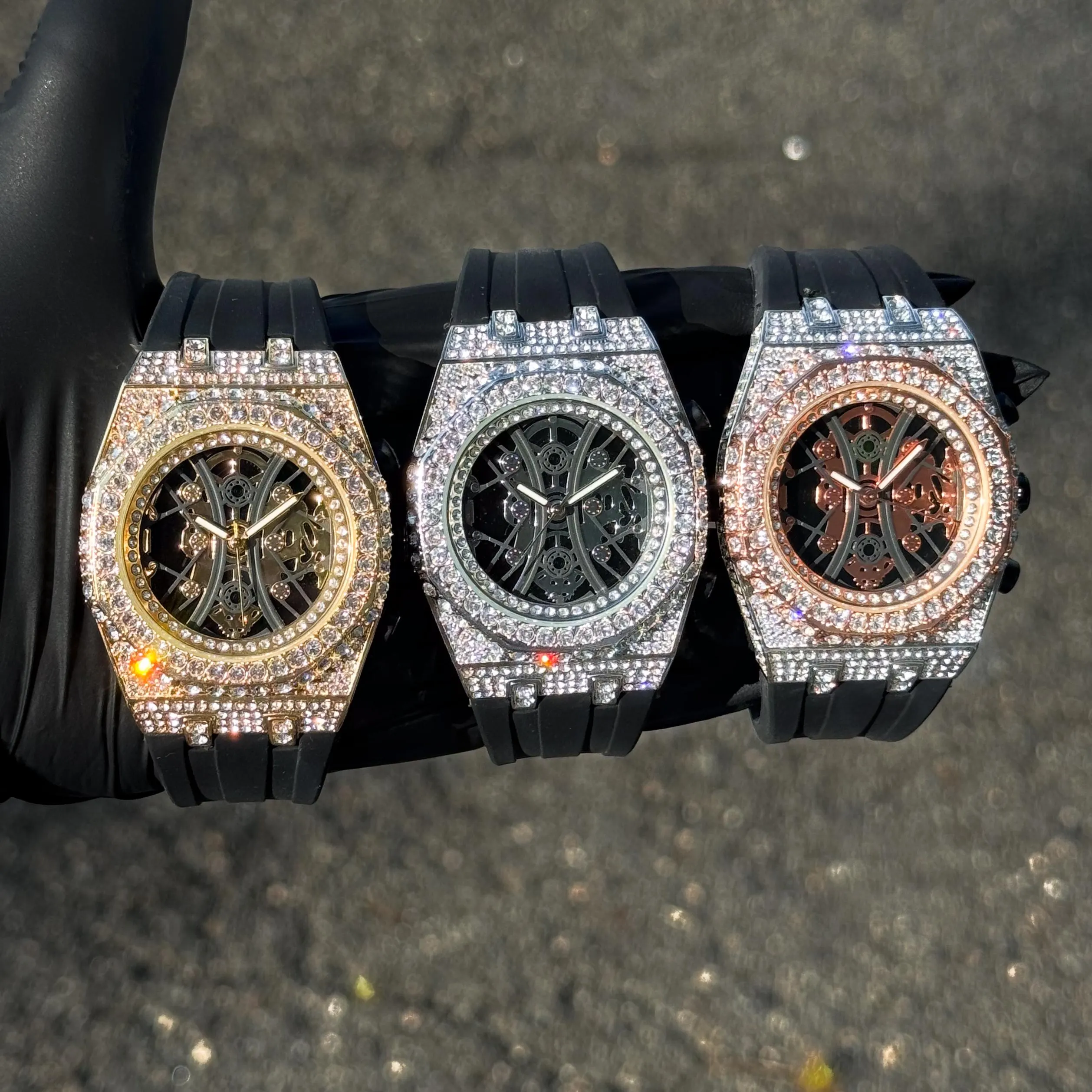 Men's 43mm Silicone Band Diamond Watch - Iced out Octagon Bezel - Quartz Movement