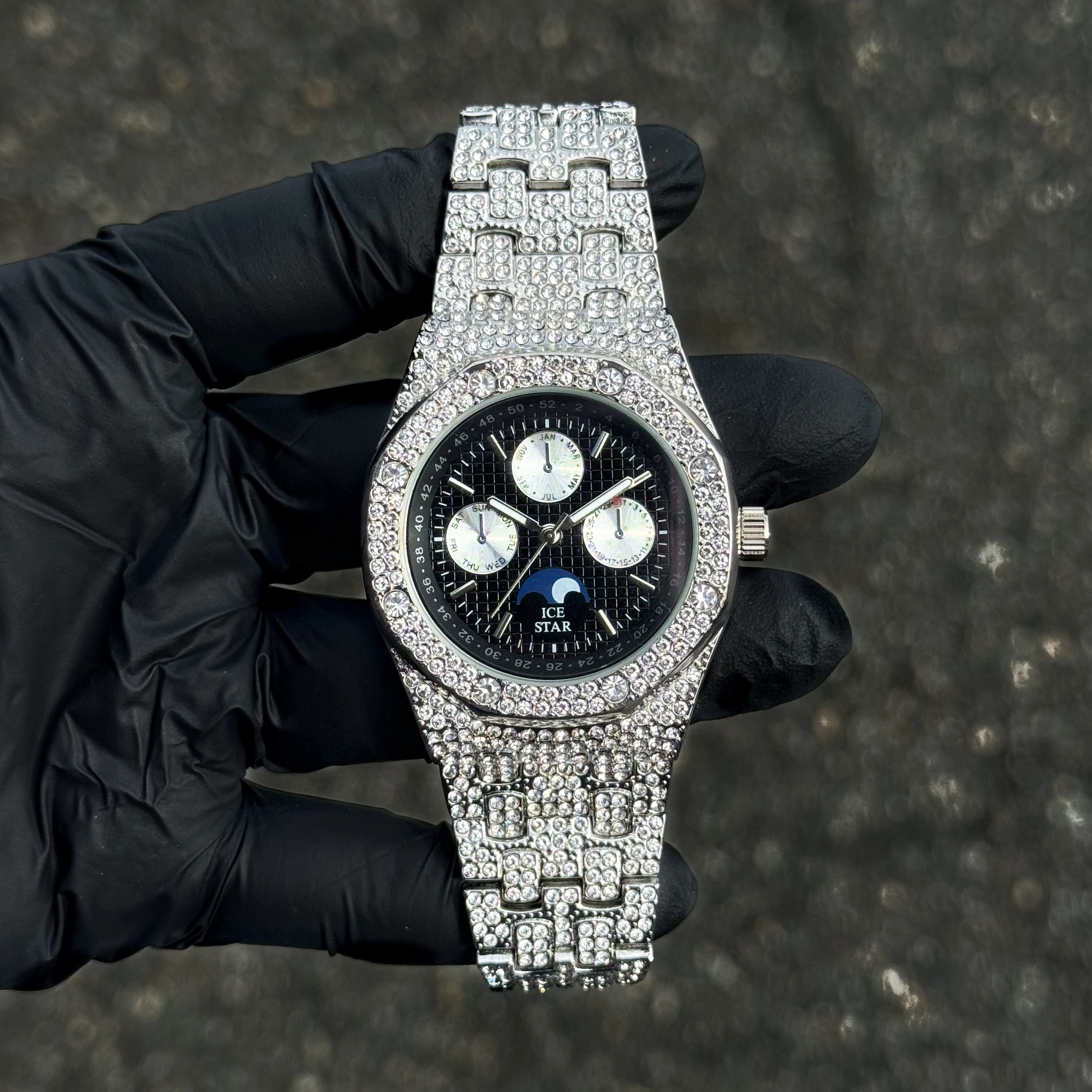 Men's Iced Out Octagon Watch - 42mm Case with Chronograph Dial - Quartz Movement