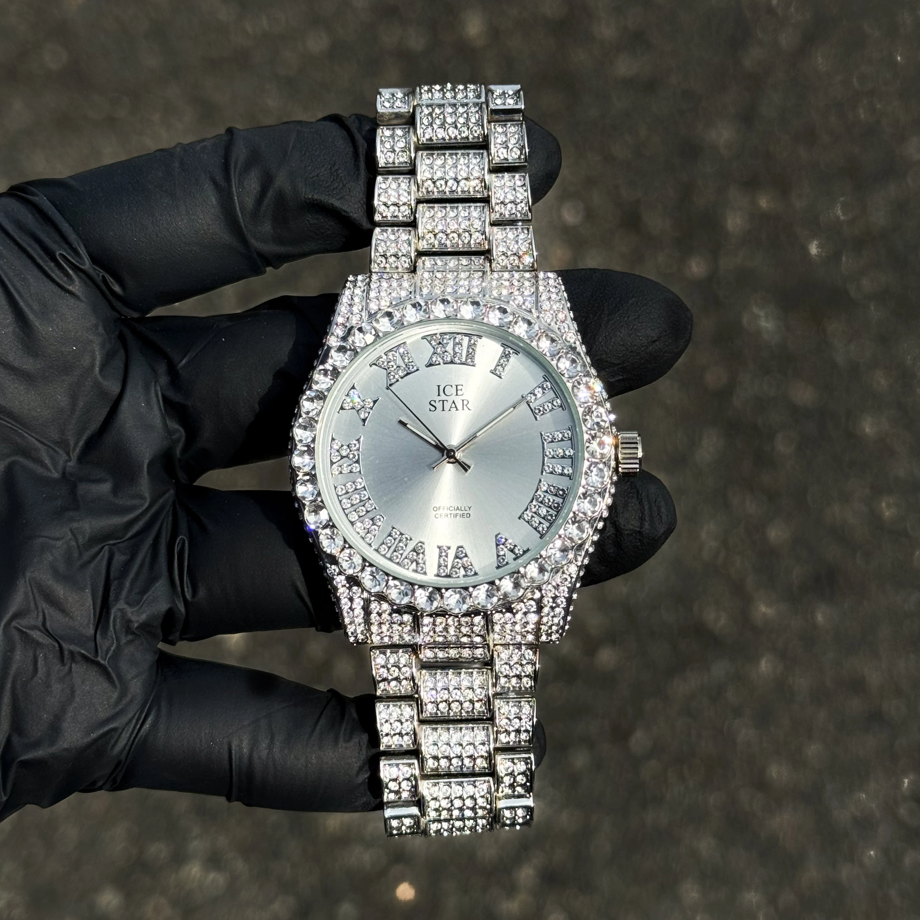 Men's 40mm Silver Iced Out Watch - Solitaire Bezel with Bling-ed Roman Dial - Quartz Movement