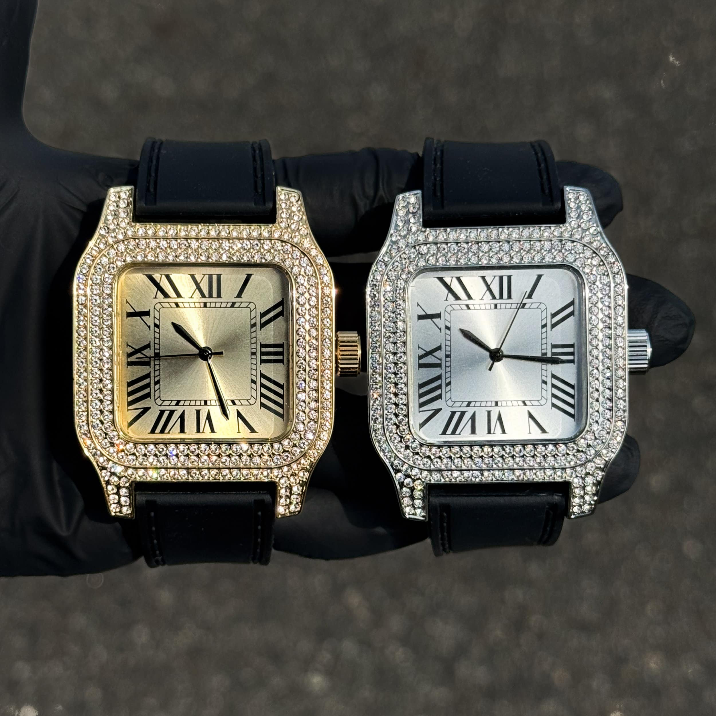 Men's 45mm Square Diamond Watch with Silicone Band - Fully Iced Out Case with Roman Dial - Quartz Movement