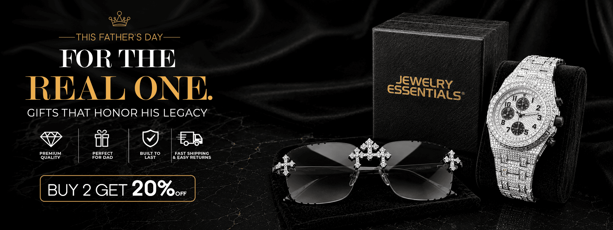 Jewelry Essentials Father's Day gift collection featuring a watch, sunglasses, and gift box.
