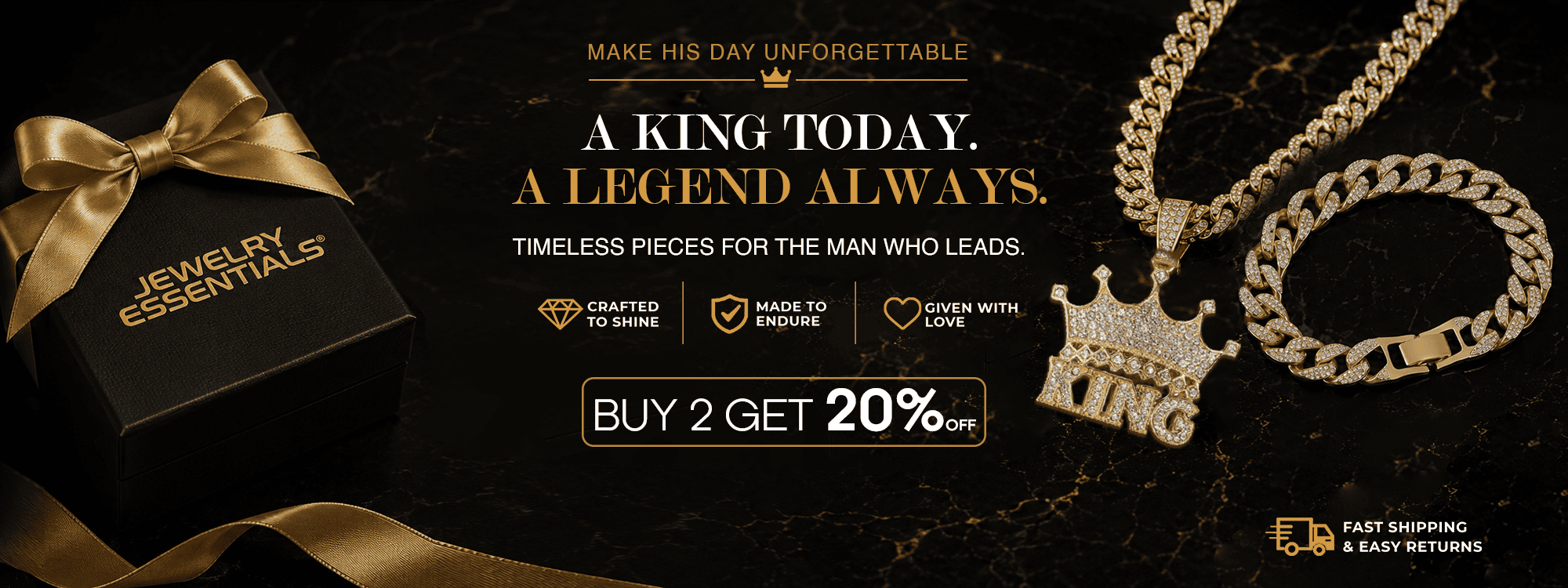 Jewelry Essentials Father's Day gift collection featuring a KING pendant and Cuban link bracelet.