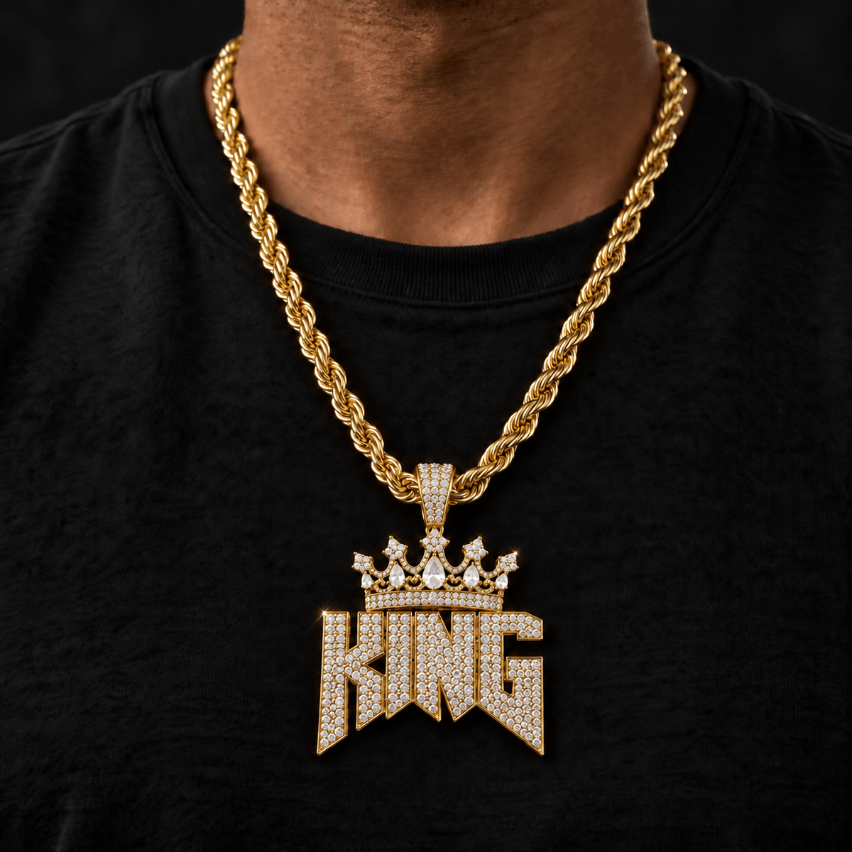 Large Iced Out King Pendant with 8mm Rope Chain
