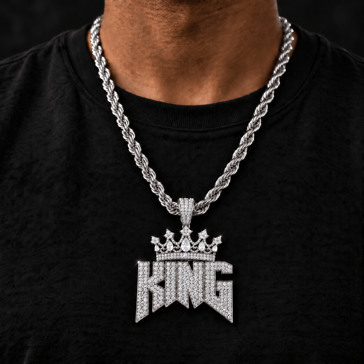 Large Iced Out King Pendant with 8mm Rope Chain