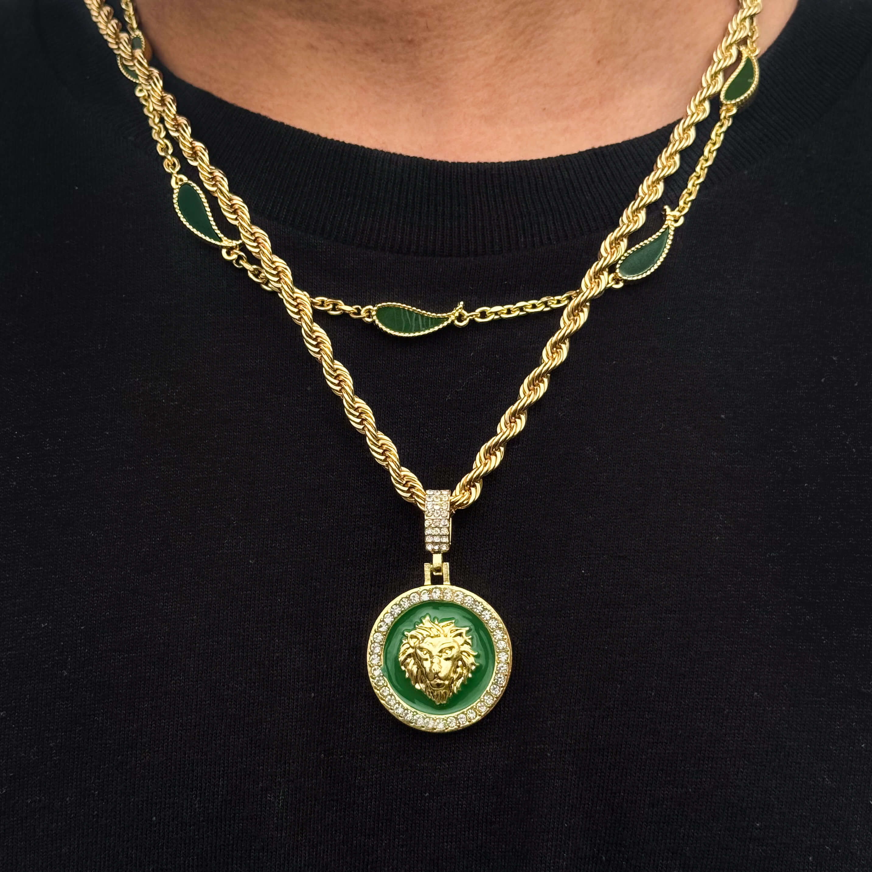 Men's 2-Piece Lion Medallion and Paisley Multi Necklace Set in Emerald Green