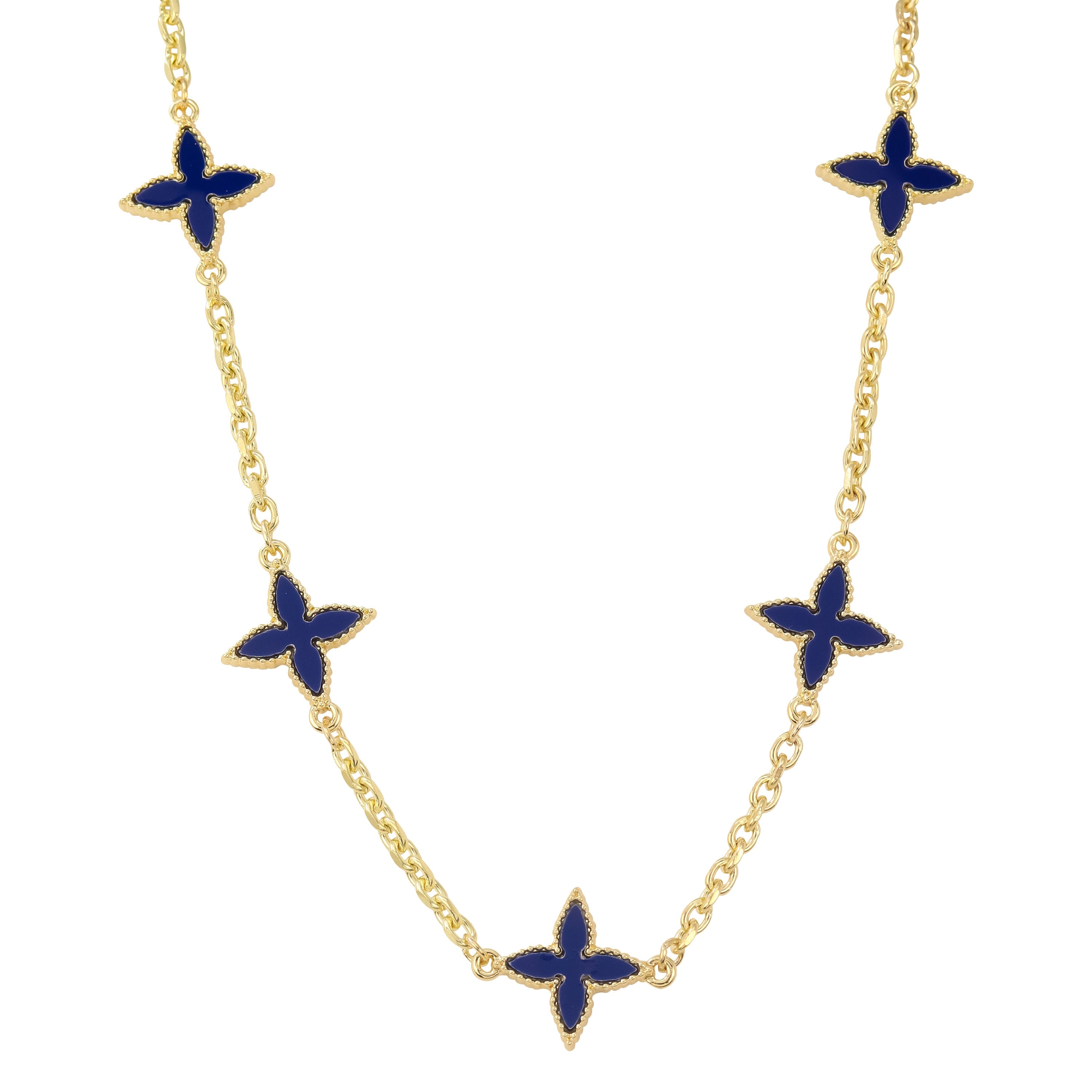 Men's 18mm Louis inspired Blue Multi Charm Necklace in gold with double-sided navy blue star floral charms.