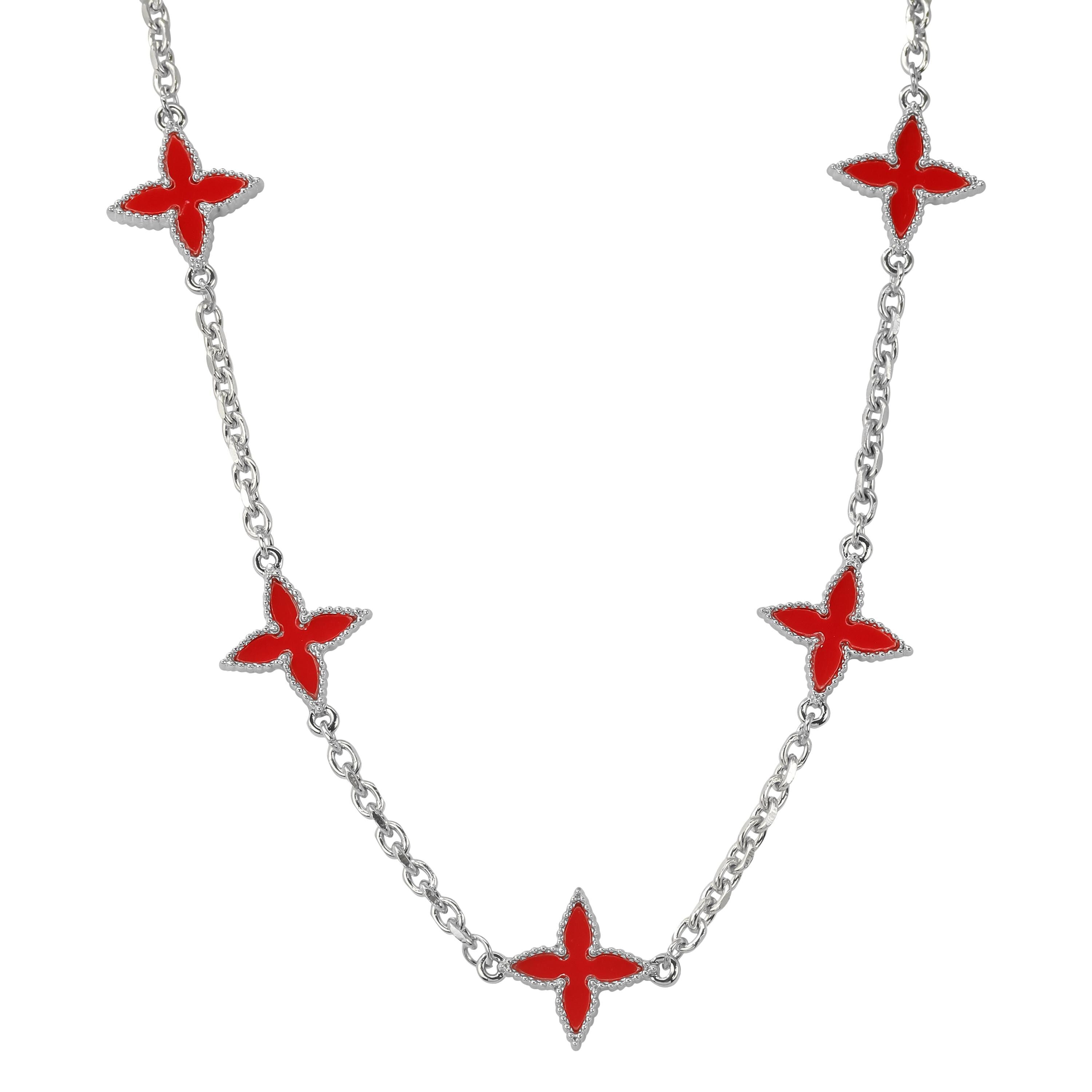 Men's 18mm Louis inspired Red Multi Charm Necklace in polished silver with double-sided red star floral charms.