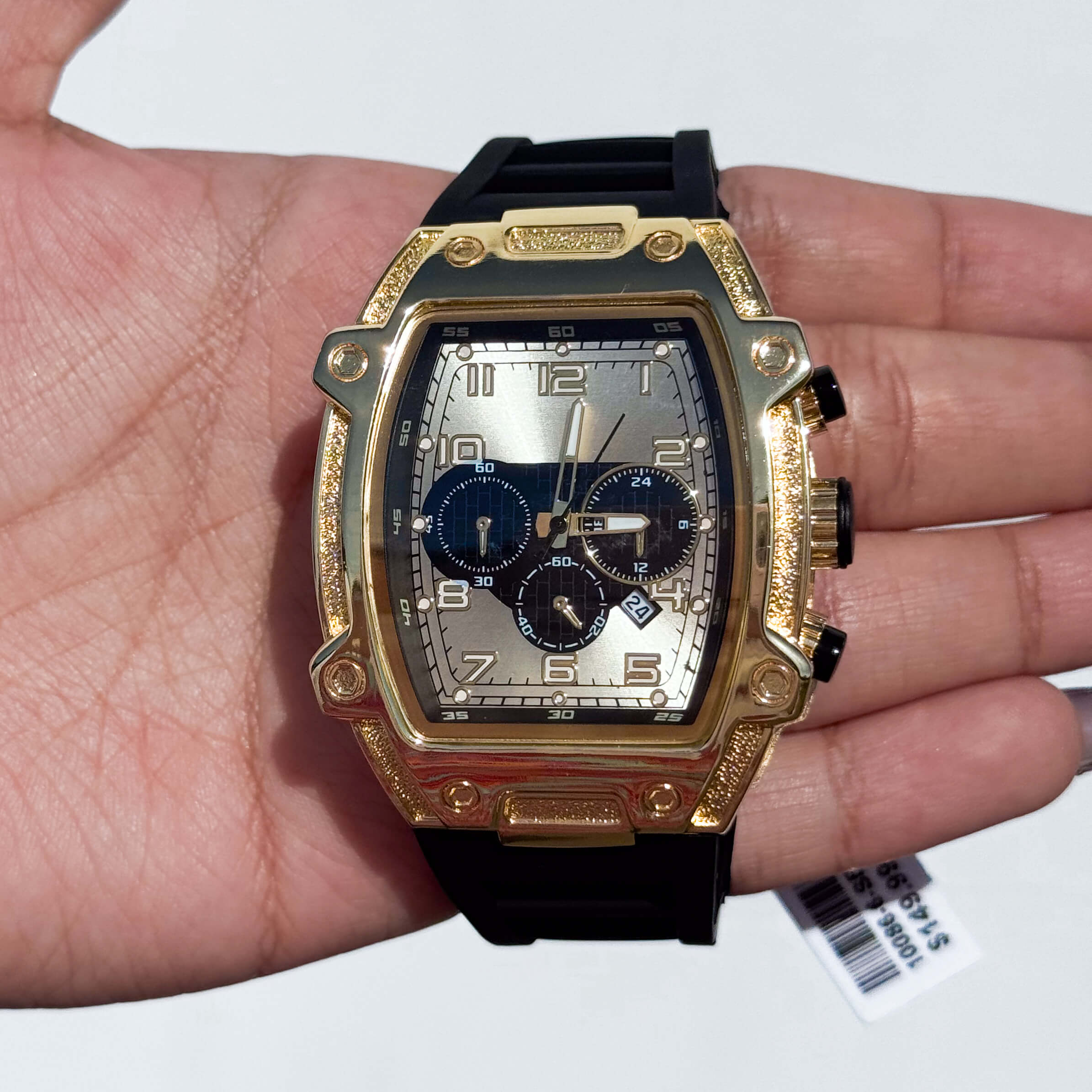 Gold Men's 41mm black silicone band tonneau watch with metallic dial and multi-function quartz display.