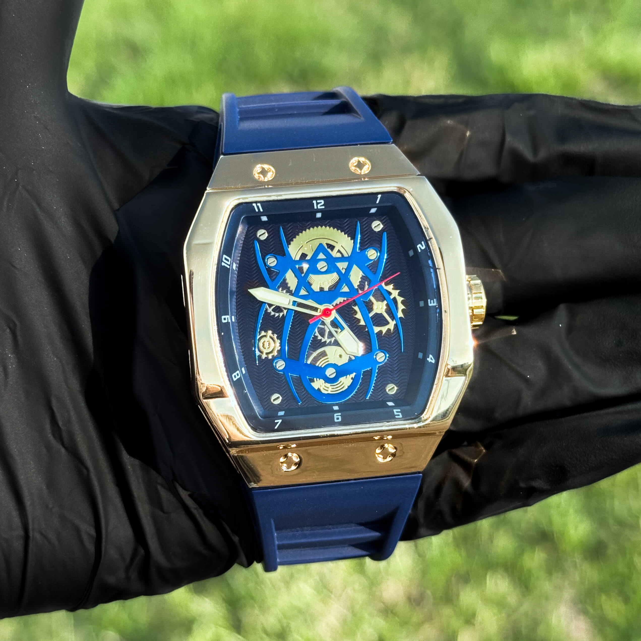 Men's 41mm Blue Tonneau Watch - Skeleton Dial