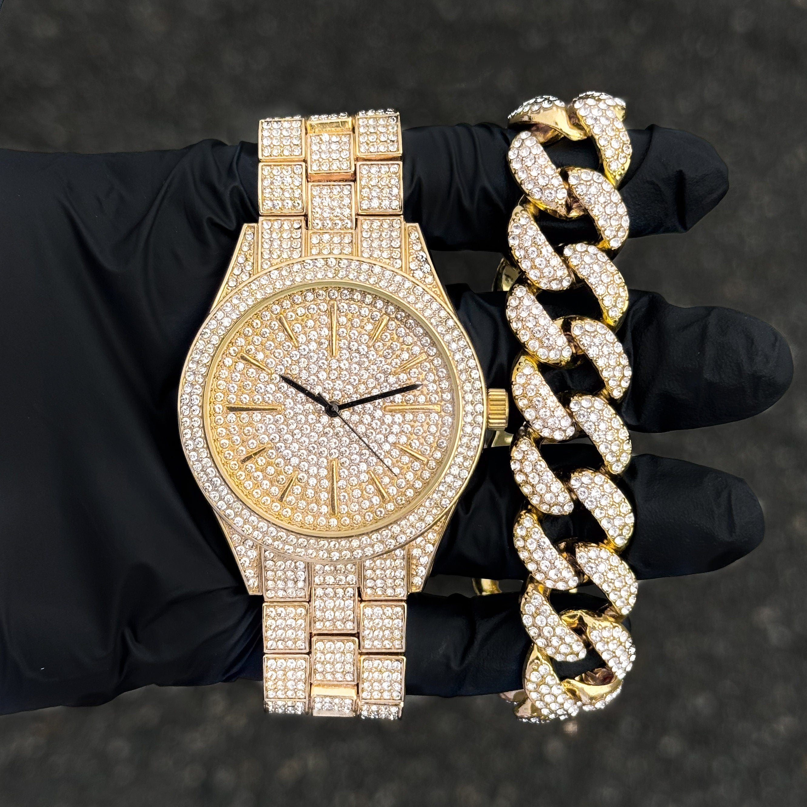 Men's 42mm luxury iced diamond watch with gold Cuban bracelet, full crystal dial and bezel.