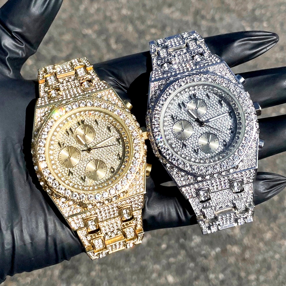 Gold and silver men’s 43mm luxury iced out watches with octagon bezels and fully diamond-covered bands.