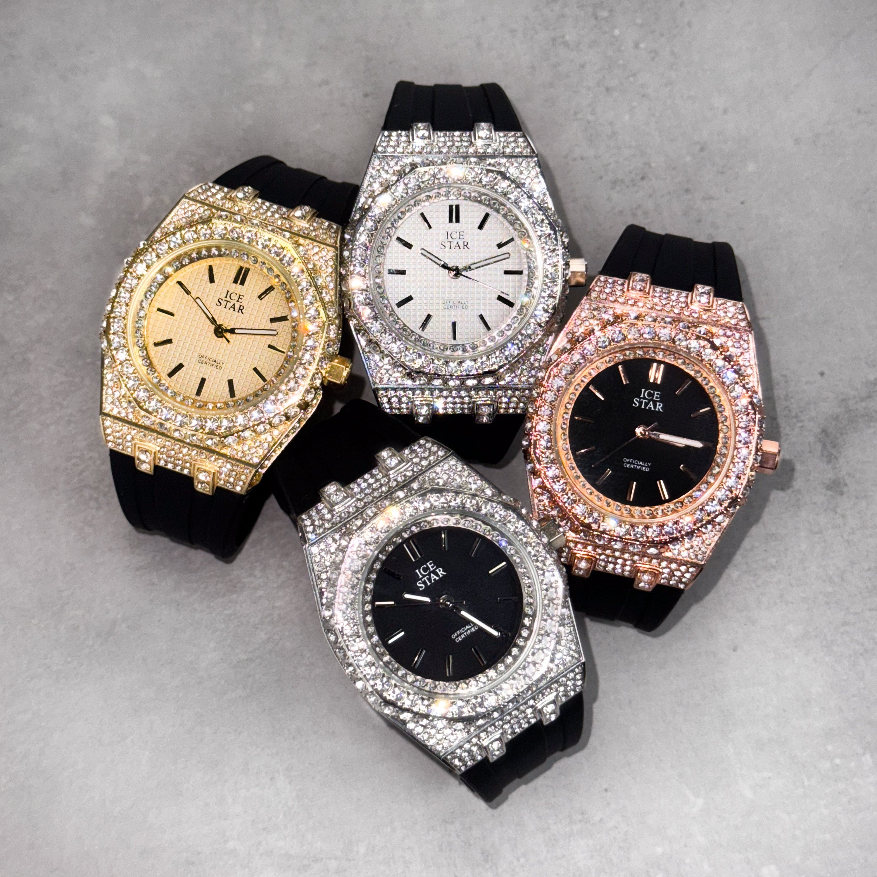 Men's 43mm silicone band diamond watches with iced-out octagon bezels in gold, silver, and rose tones.