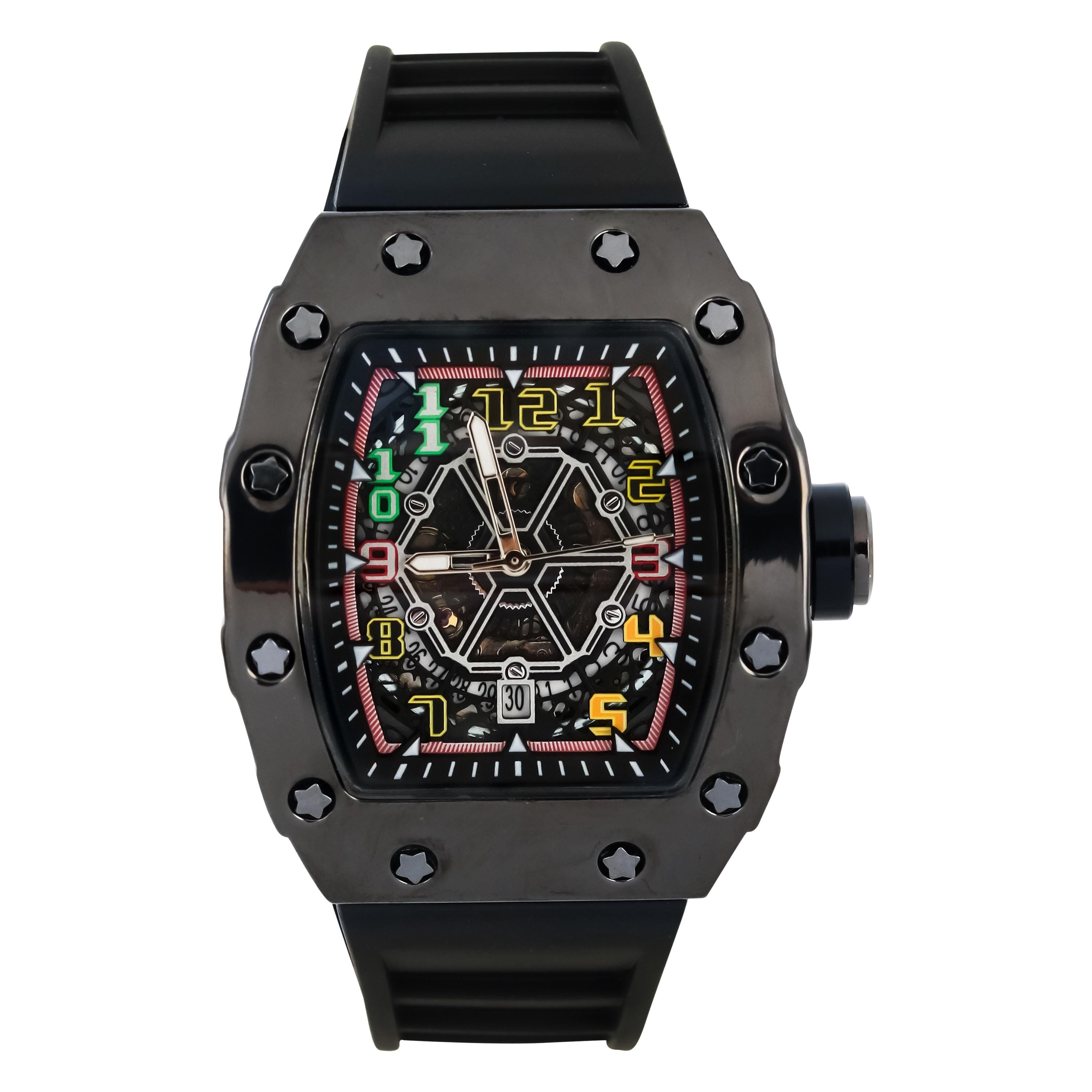 Men’s 43mm black tonneau watch with multicolor numerals, skeleton dial, matte case, and silicone band.