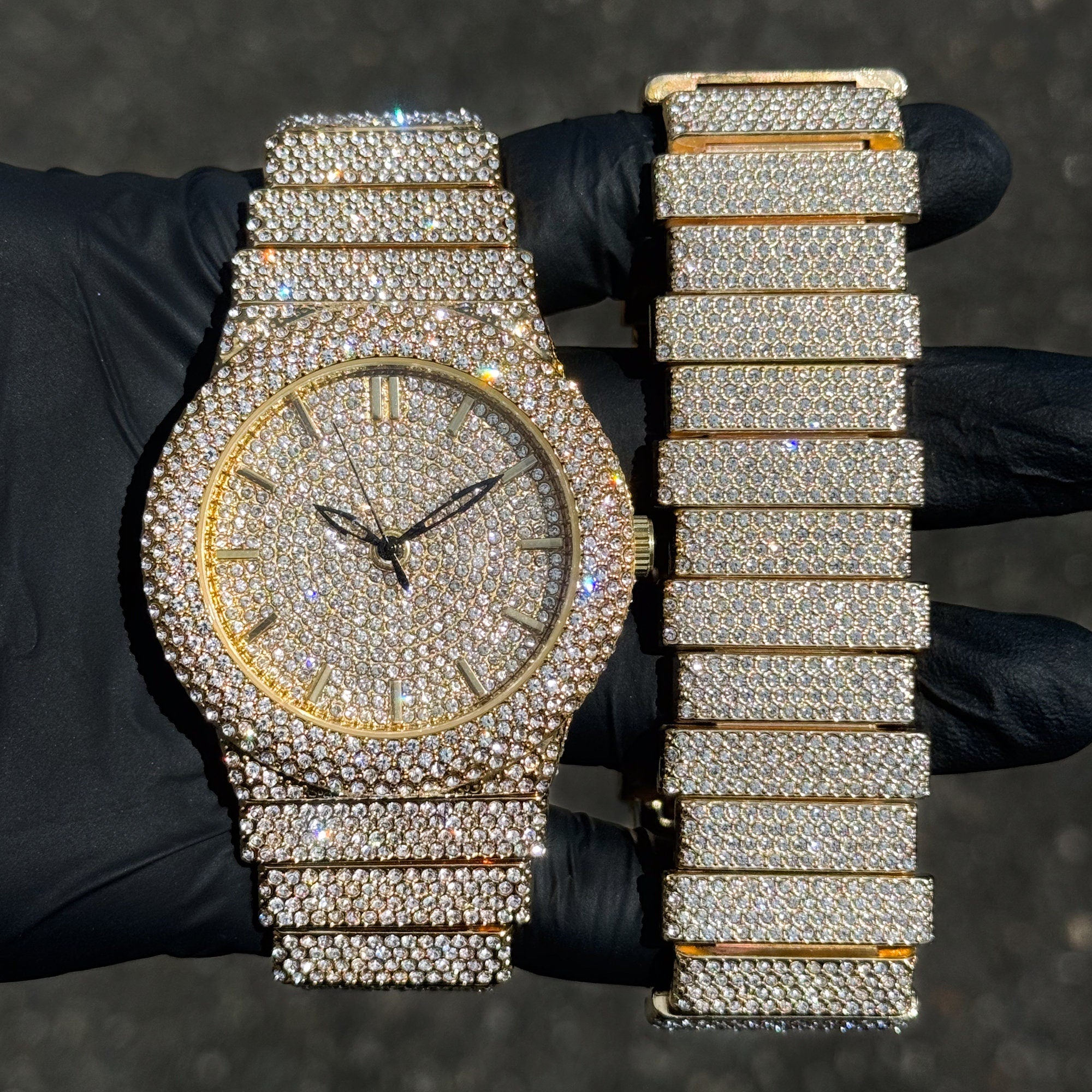 Men's 46mm gold diamond watch with matching staggered bracelet, fully iced out luxury set.