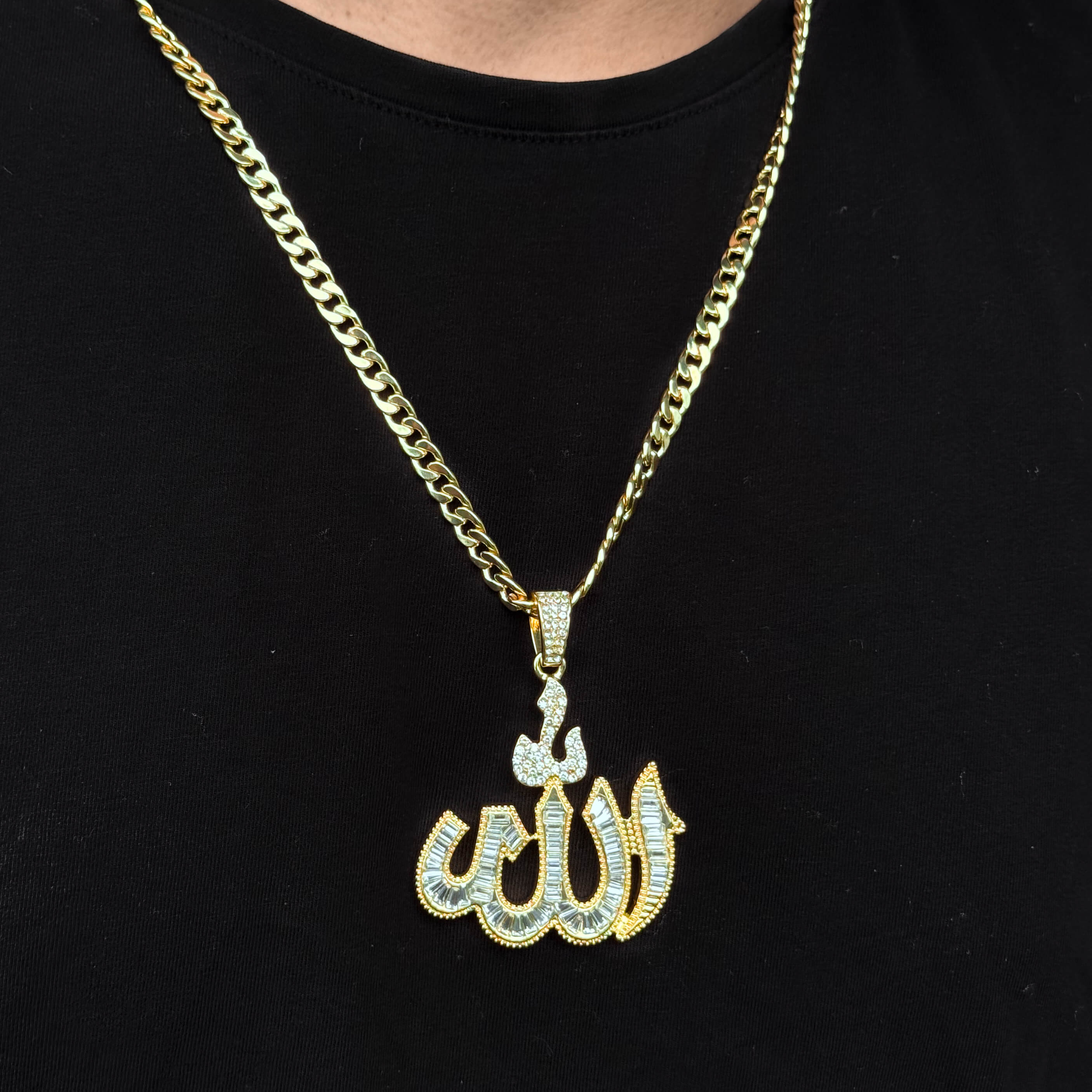 Gold Men's Large Baguette Allah Pendant with 6mm Cuban Chain shown on model in black shirt.