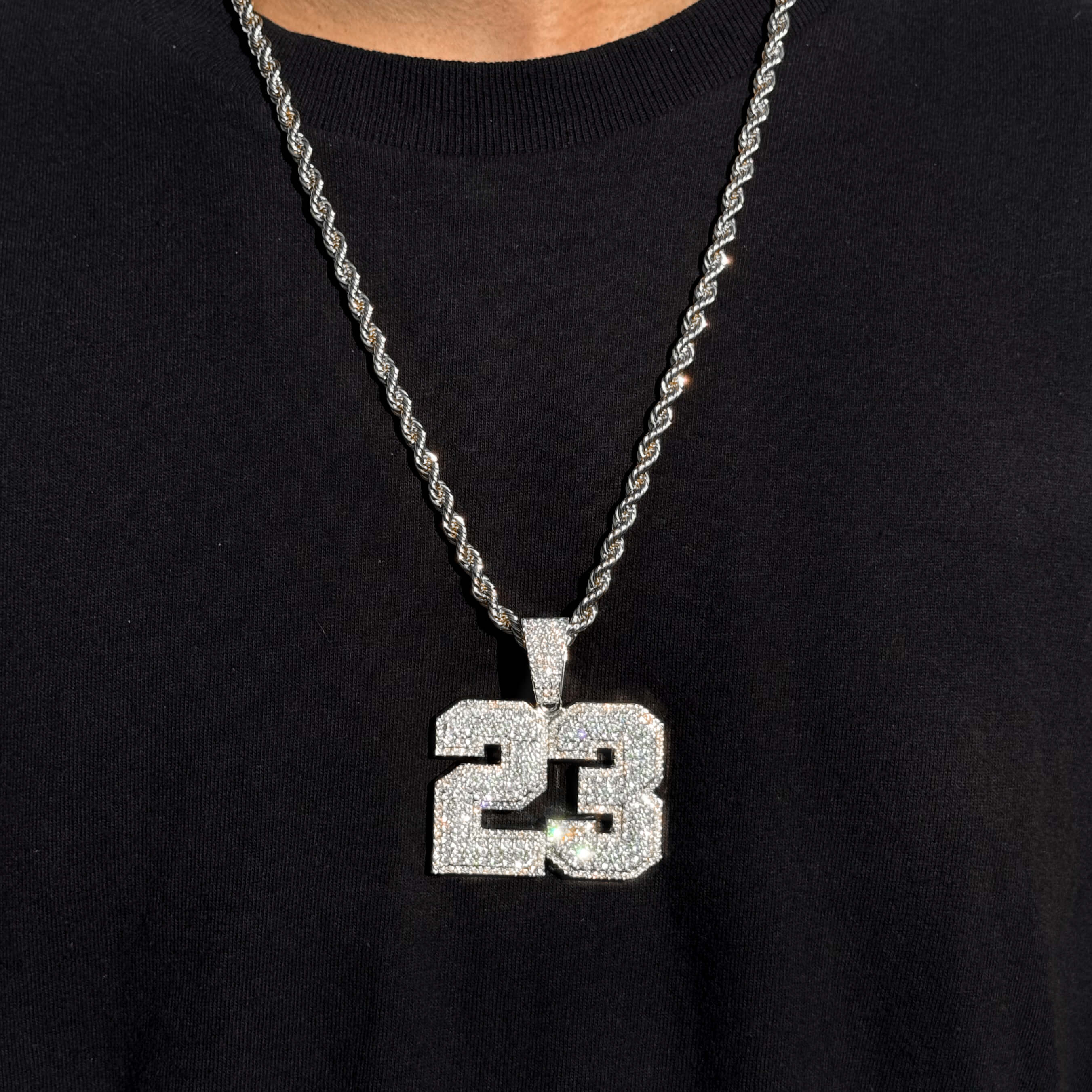 Men's iced-out silver 23 pendant on rope chain featuring fully pavé crystals for bold shine"