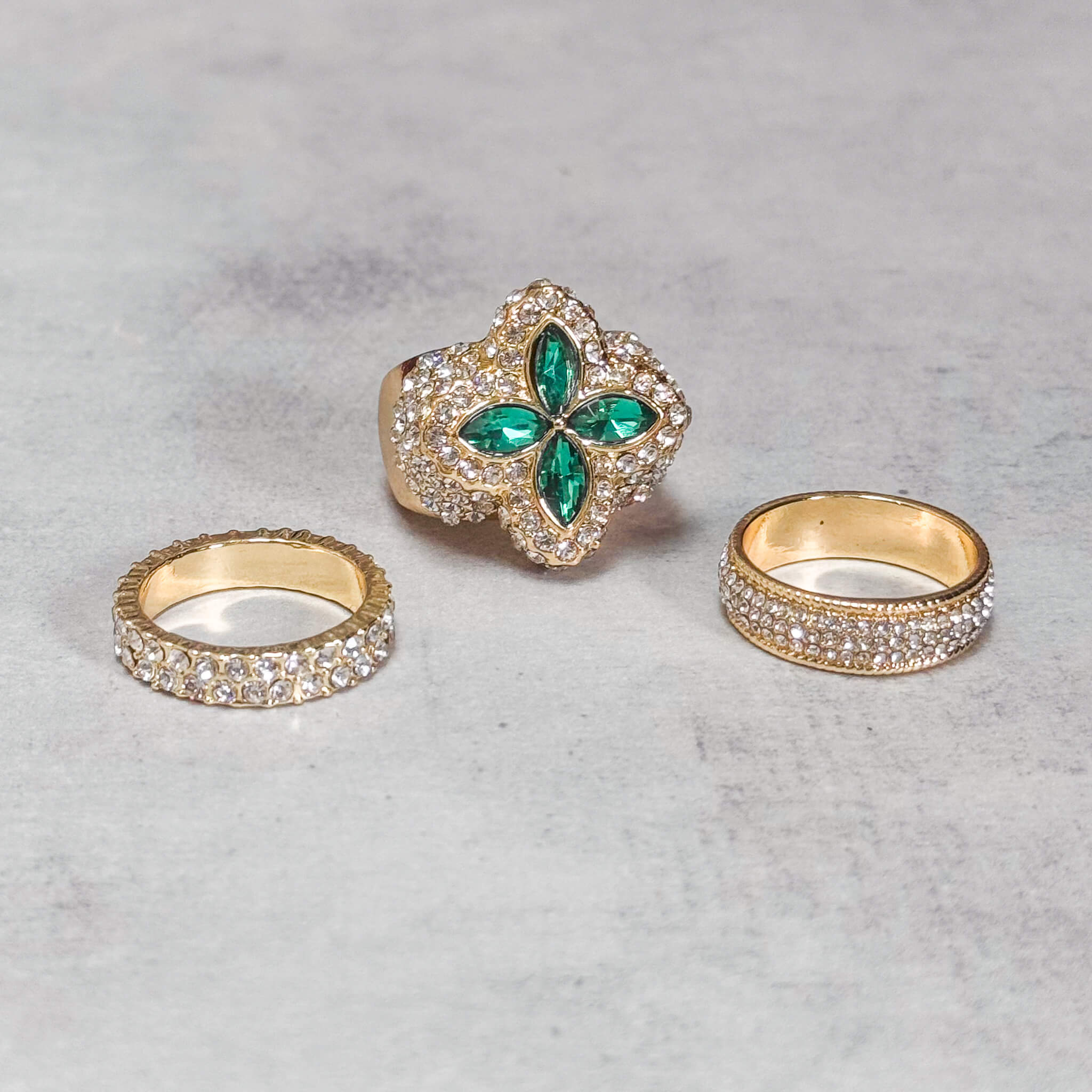 Iced Out Clover 3-Piece Ring Set - Green Stones