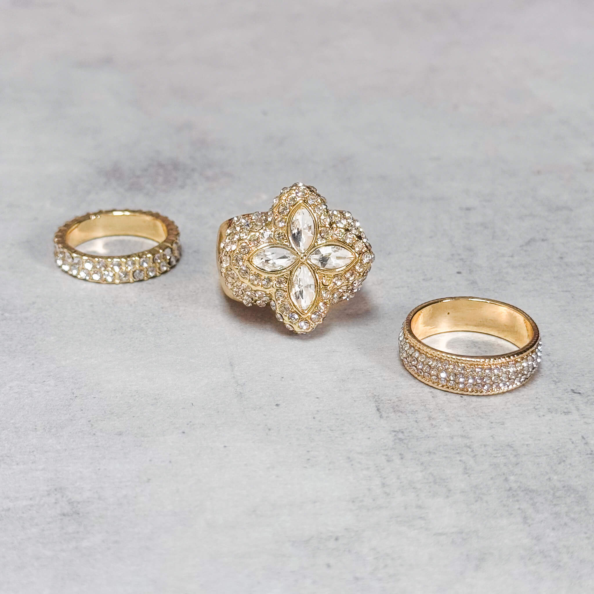 Iced Out Clover 3-Piece Ring Set - Clear Stones