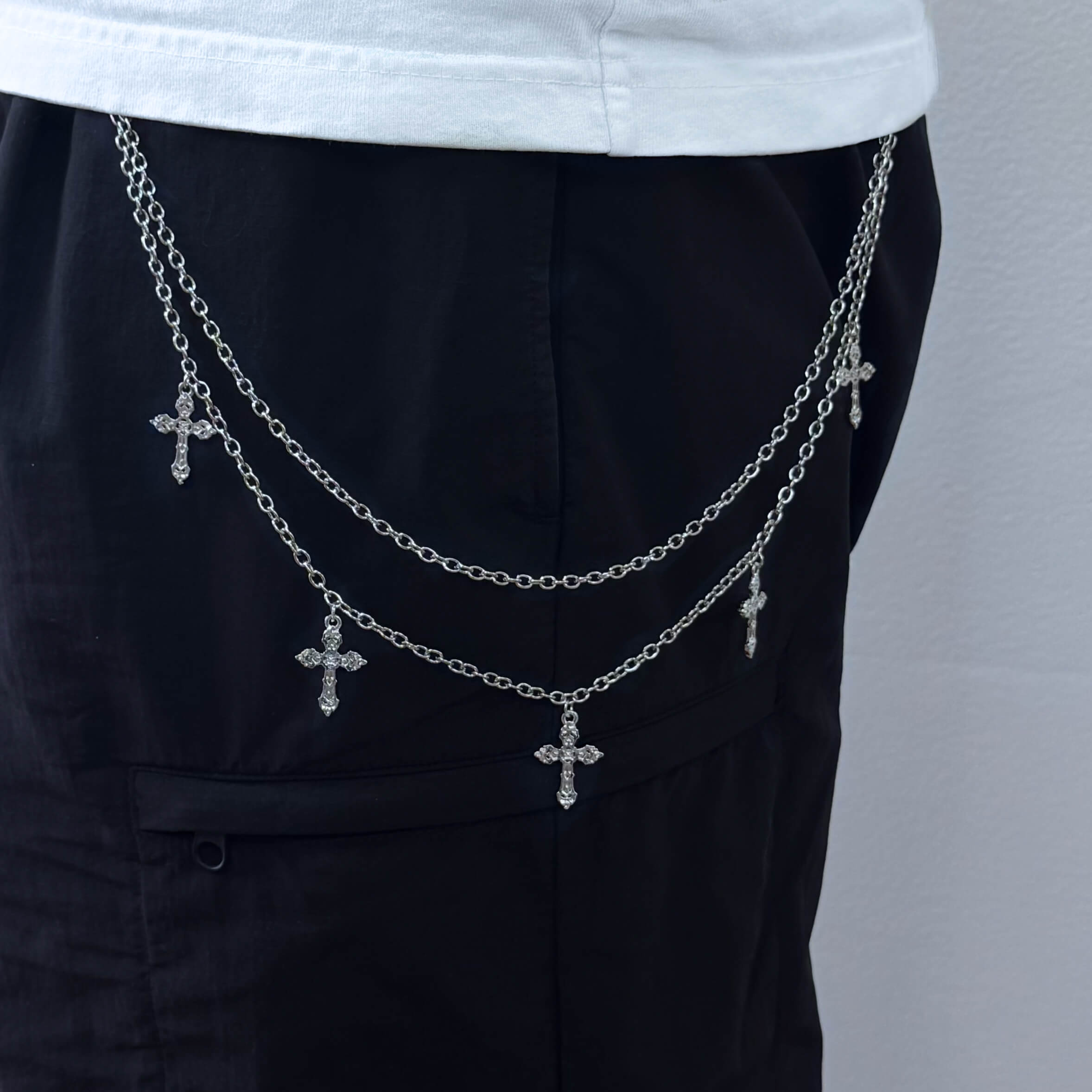 Men's Silver Cross Charm Double Layered Pant Chain Stylish Accessory for Jeans