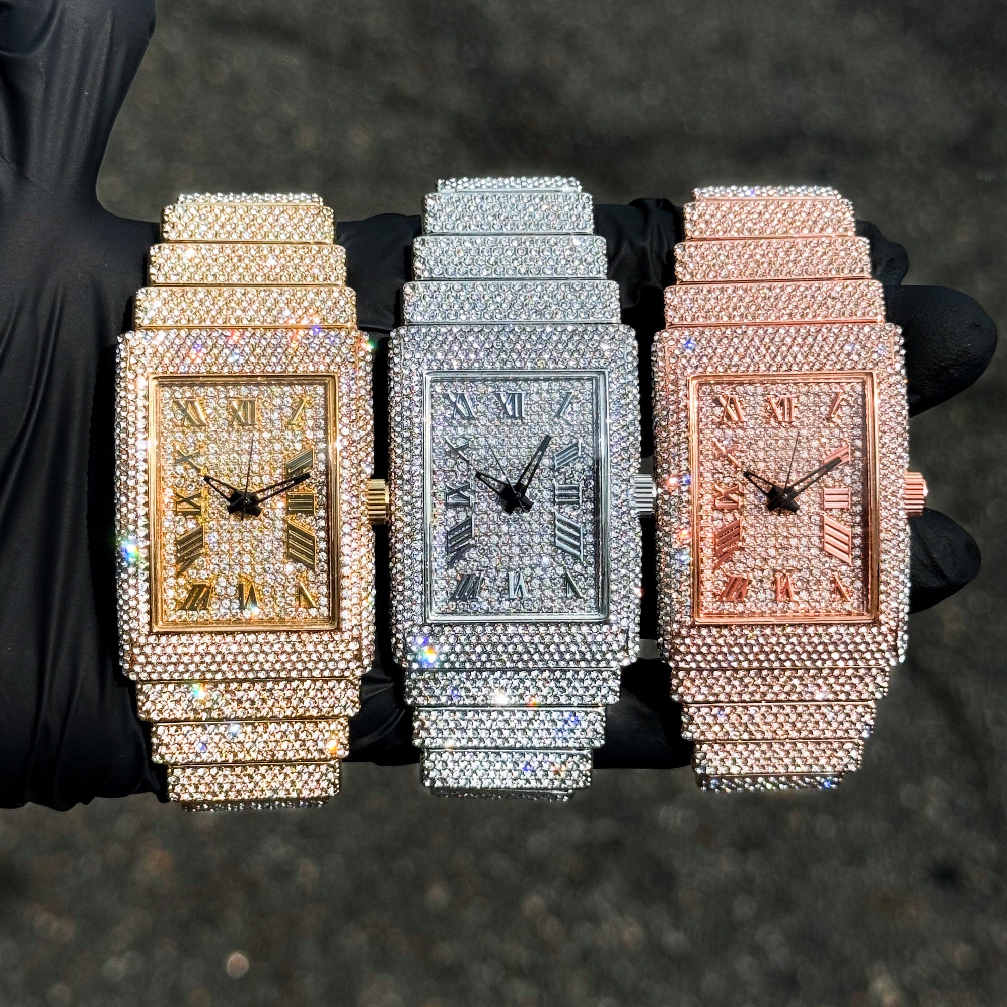 Women's 33mm fully iced diamond watches in gold, silver and rose gold with chandelier bands.