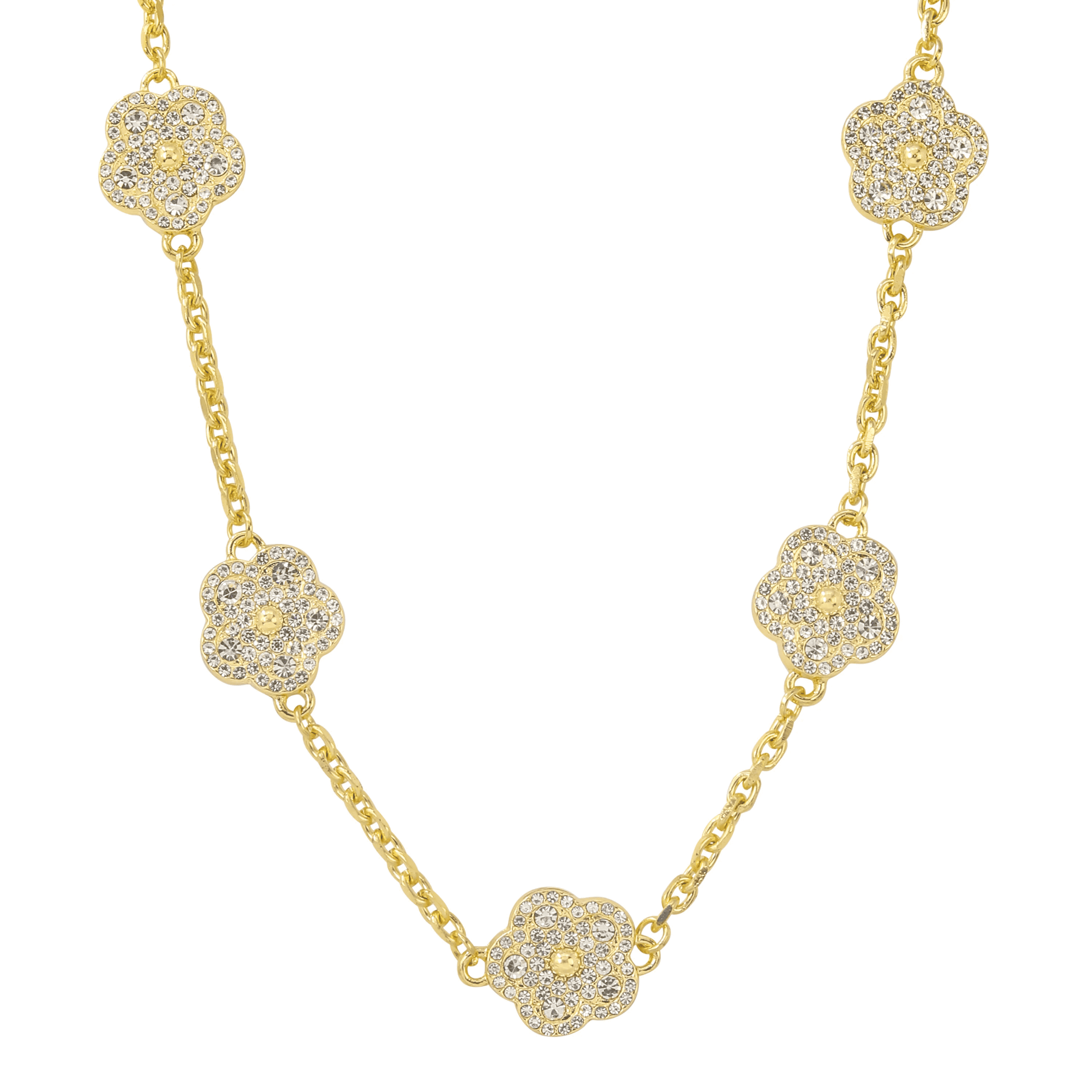 Women's Iced Clover Necklace in gold with 16mm double-sided crystal clover charms on a link chain.